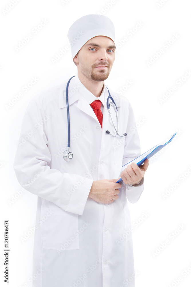 Portrait of a doctor looking at camera and smiling isolated on white Portrait of a doctor looking at camera and smiling isolated on white