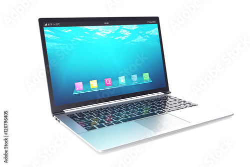Opened notebook with blue underwater wallpapers isolated on white background. 3d illustration
