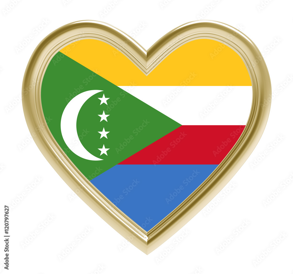 Comoros flag in golden heart isolated on white background. 3D illustration. Comoros flag in golden heart isolated on white background. 3D illustration.