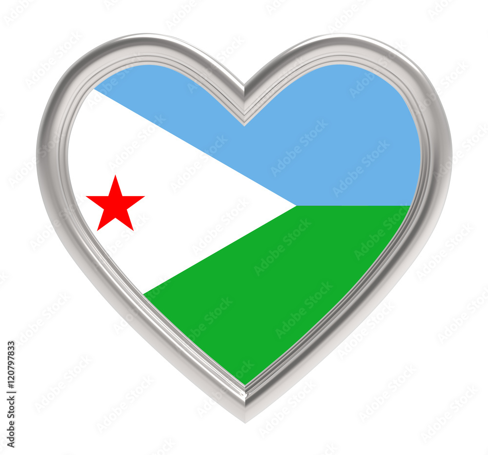 Djibouti flag in silver heart isolated on white background. 3D illustration. Djibouti flag in silver heart isolated on white background. 3D illustration.