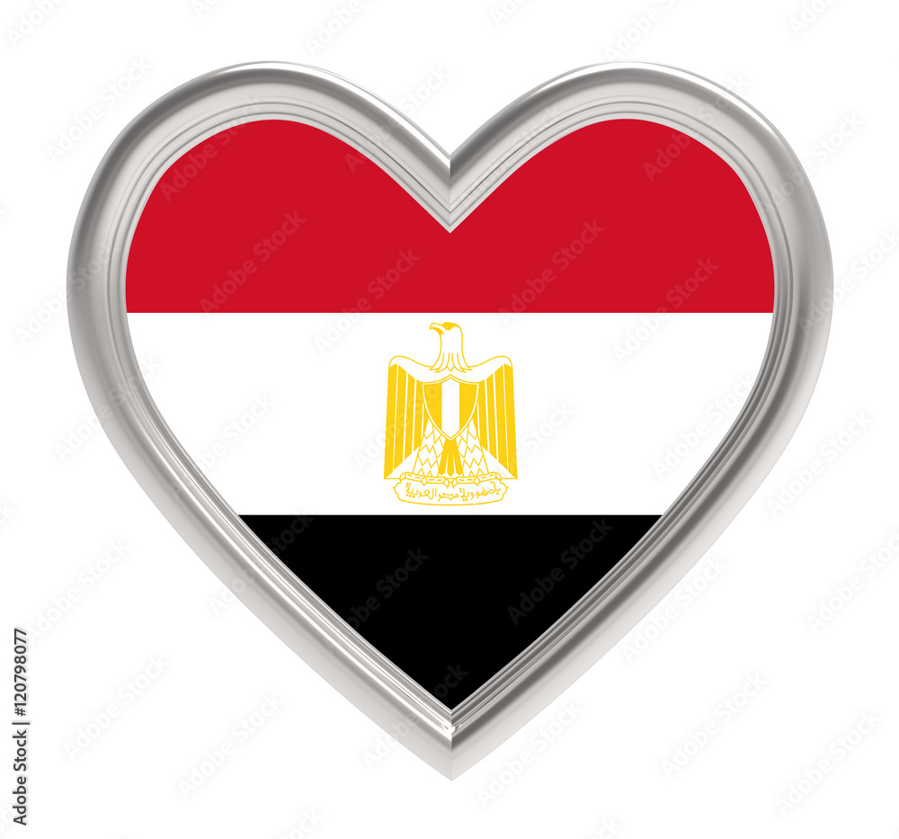 Egypt flag in silver heart isolated on white background. 3D illustration. Egypt flag in silver heart isolated on white background. 3D illustration.