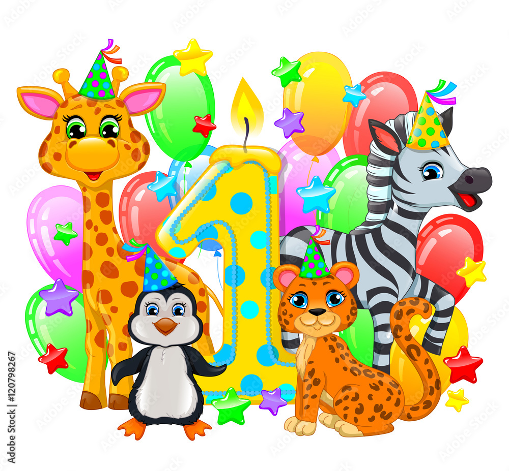 First birthday composition cute animals First birthday composition cute animals