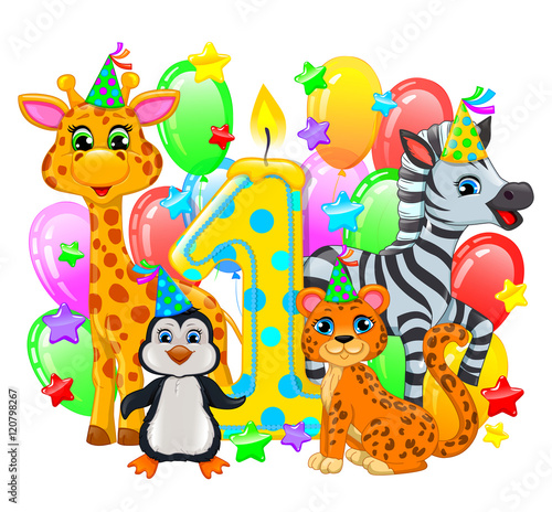 First birthday composition cute animals