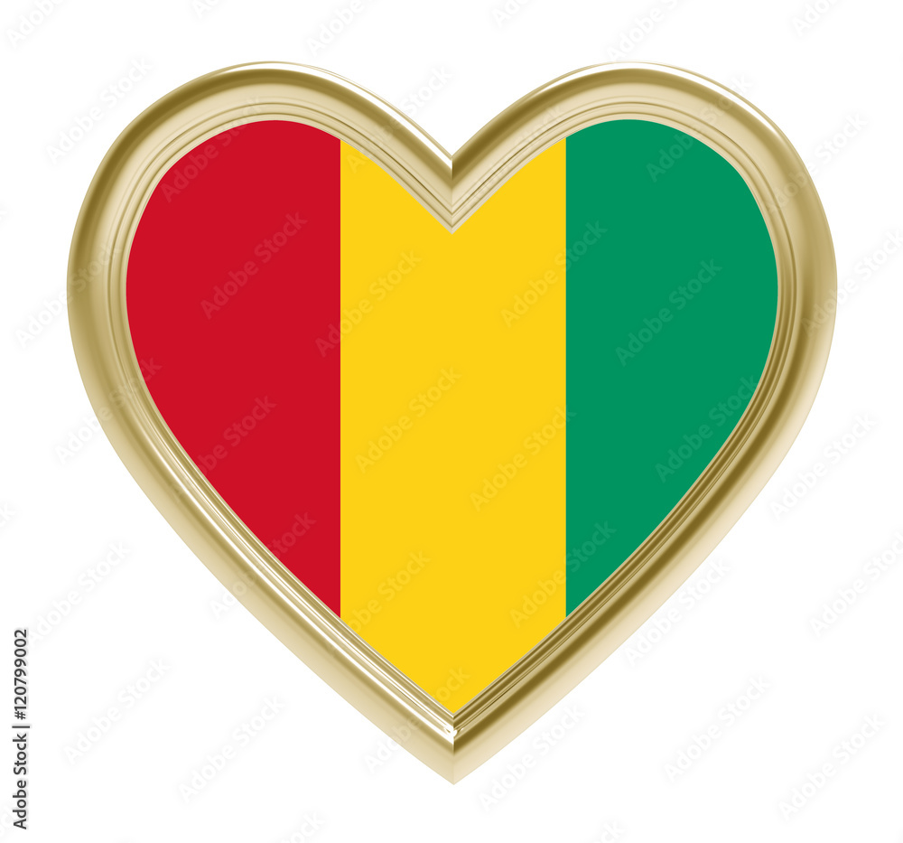 Guinea flag in gold heart isolated on white background. Computer generated 3D photo rendering. Guinea flag in gold heart isolated on white background. Computer generated 3D photo rendering.