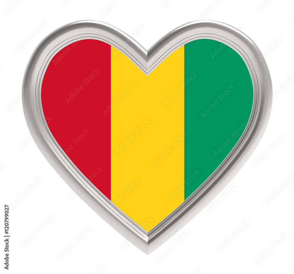 Guinea Bissau flag in silver heart isolated on white background. Computer generated 3D photo rendering. Guinea Bissau flag in silver heart isolated on white background. Computer generated 3D photo rendering.