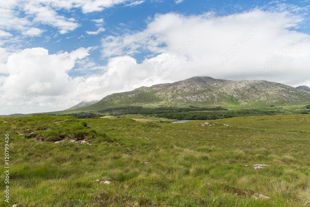 view to plain and hills at connemara in ireland