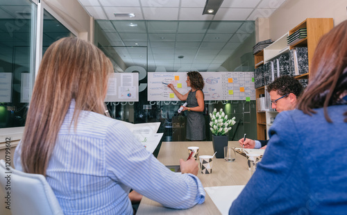 Female coach training business team at headquarters