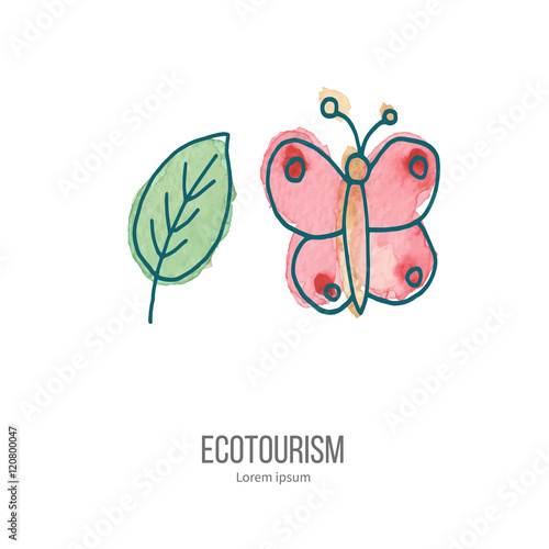 Vector ecotourism doodle on watercolor texture