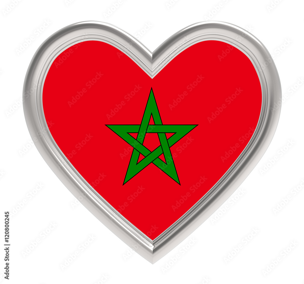 Morocco flag in silver heart isolated on white background. 3D illustration. Morocco flag in silver heart isolated on white background. 3D illustration.