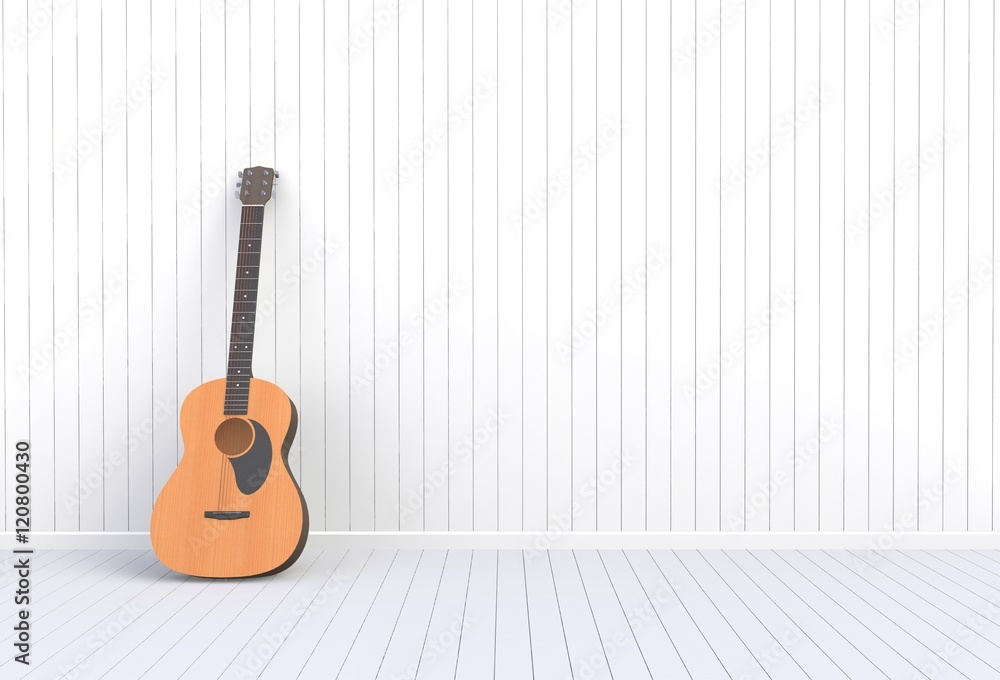 Fototapeta Gitara akustyczna w białym pokoju, renderowanie 3D