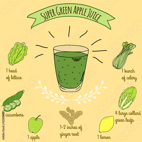 Hand drawn sketch illustration. Recipe and ingredients of healthy and energy drink for restaurant or cafe. Vegan Detox drinks. Gluten free drinks. Vegetarian Smoothie Recipe. Hydration Juice.