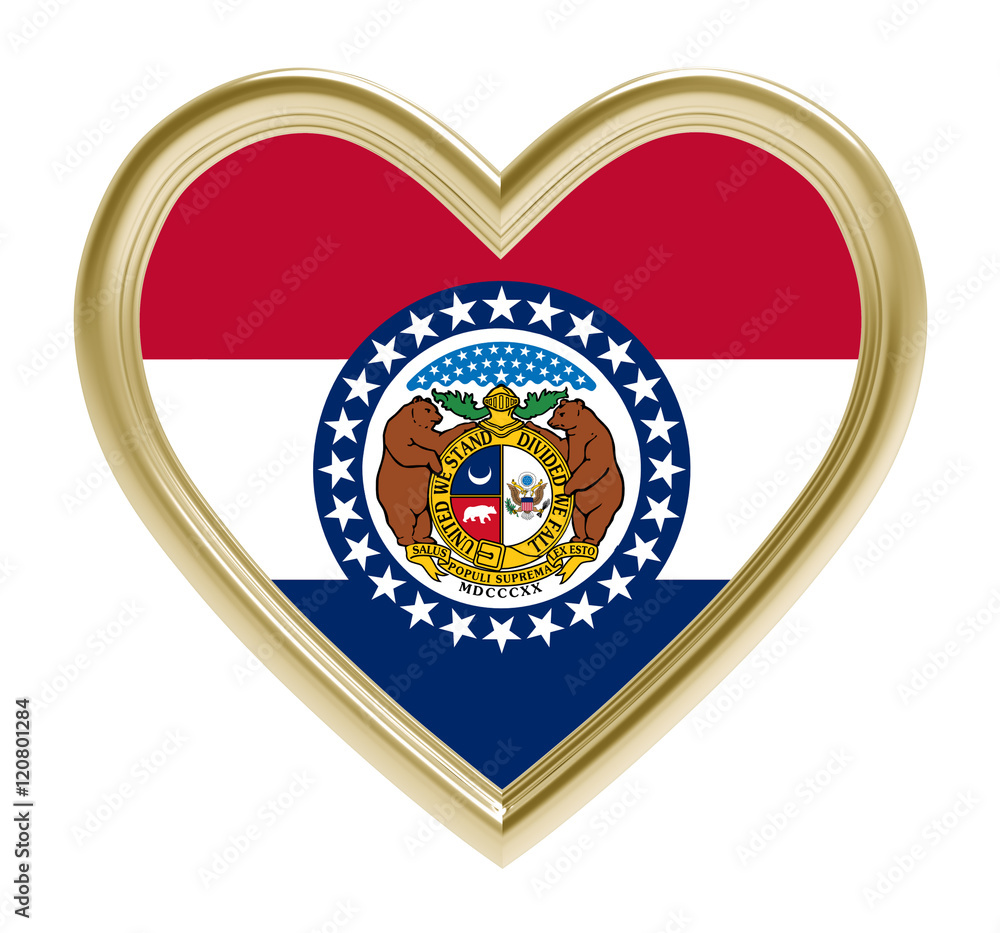 Missouri flag in golden heart isolated on white background. 3D illustration. Missouri flag in golden heart isolated on white background. 3D illustration.