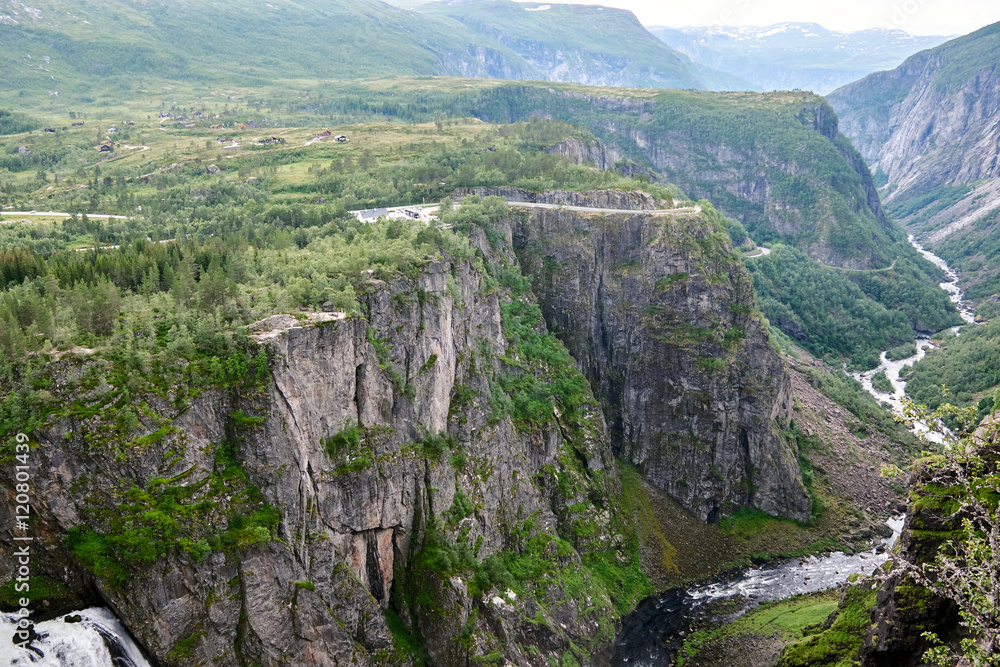 The deep canyon at Voeringsfossen in Norway where the Bjoreio river winds it way through