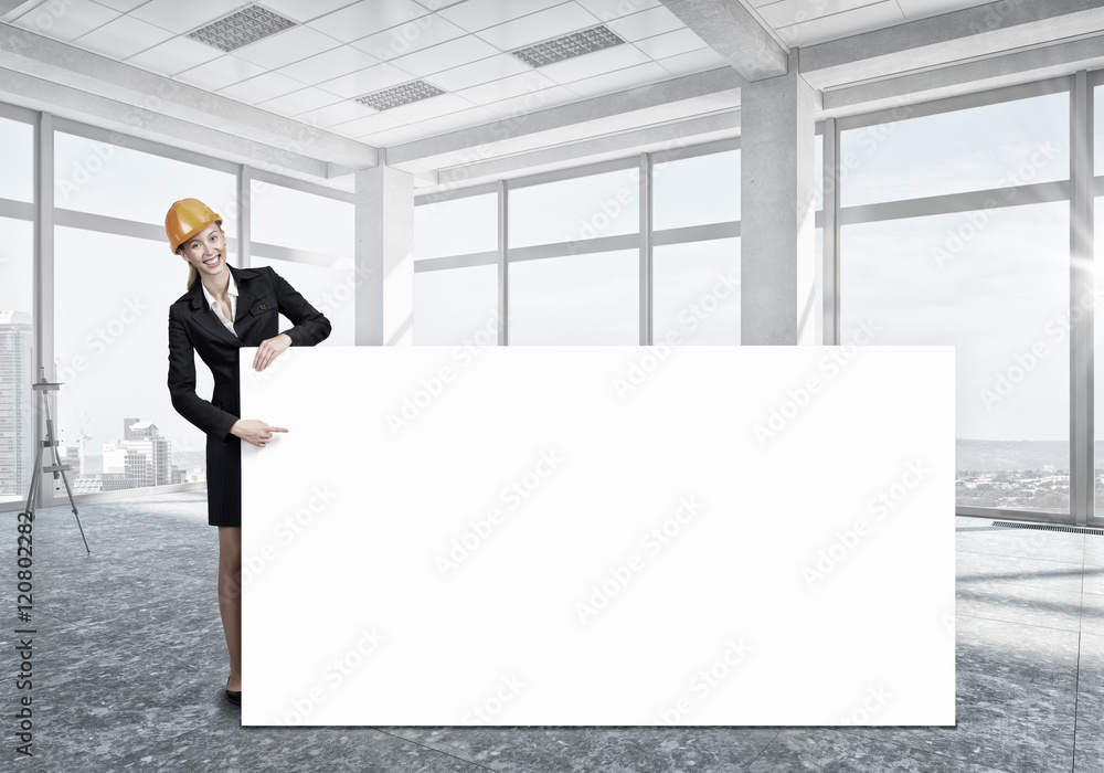 Woman engineer with banner . Mixed media Woman engineer with banner . Mixed media