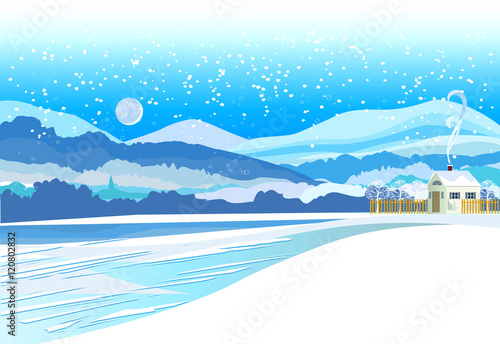 Vector of winter landscape. Snowy Christmas night village