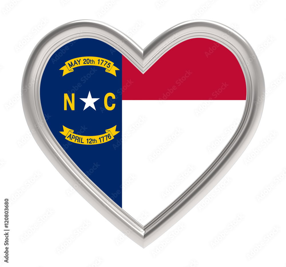 North Carolina flag in silver heart isolated on white background. 3D illustration. North Carolina flag in silver heart isolated on white background. 3D illustration.