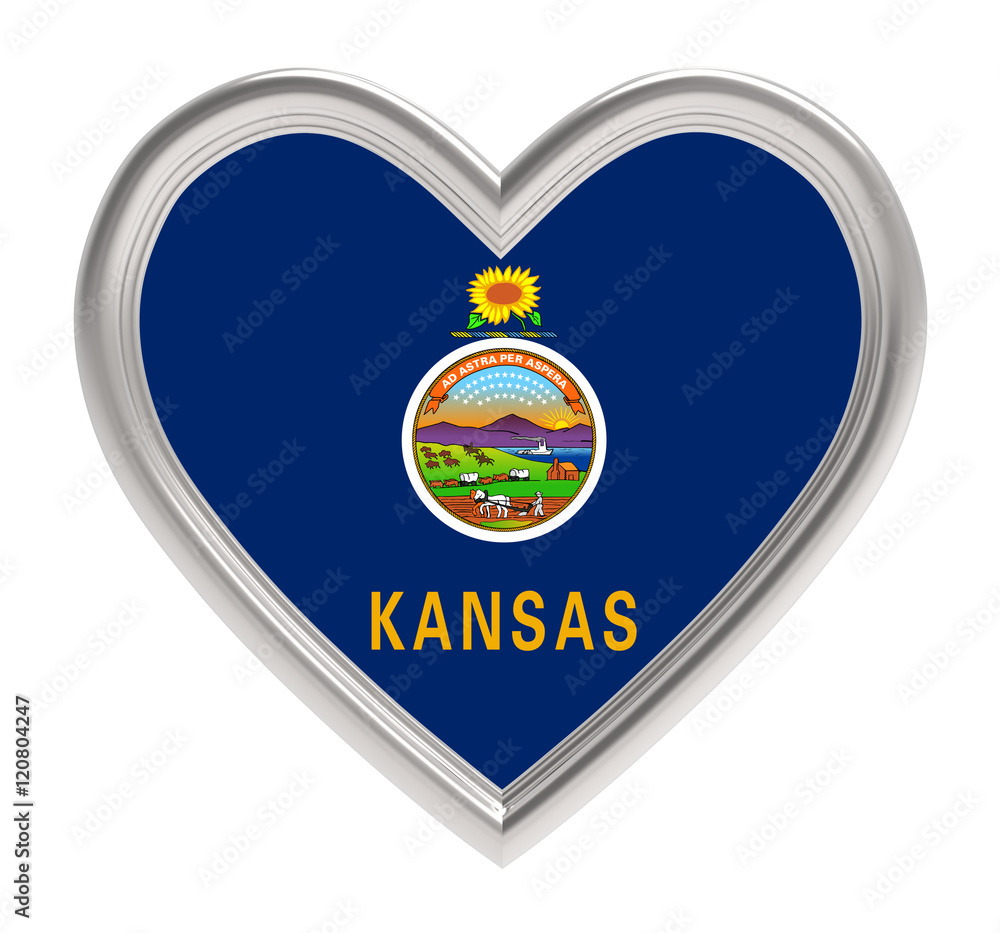Kansas flag in silver heart isolated on white background. 3D illustration. Kansas flag in silver heart isolated on white background. 3D illustration.
