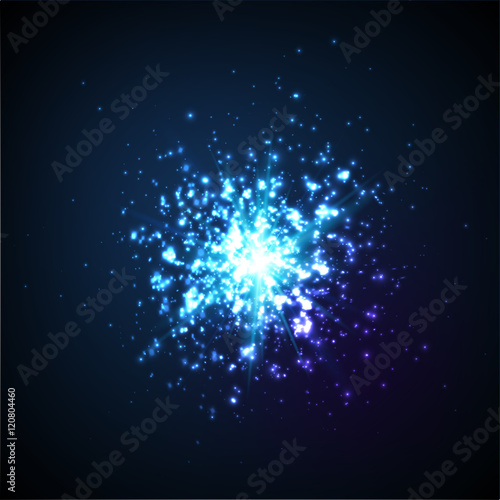 Blue vector explosion with shining particles on dark background