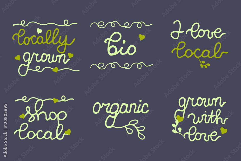 Fototapeta premium Organic food banner, logo, icons collection. Shop local, Bio, locally grown, organic. Eco friendly business, ecological package badges, concept, farmers market, food, cosmetics store 