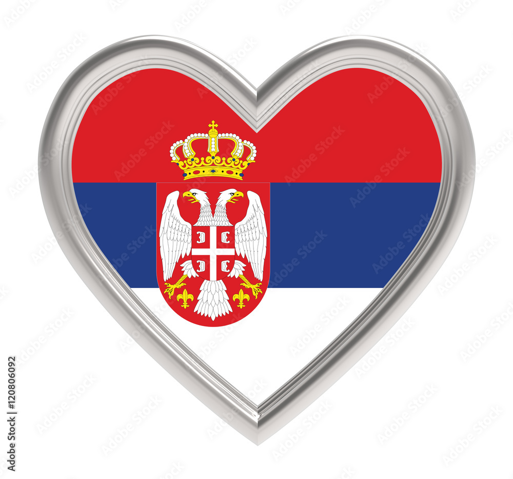 Serbian flag in silver heart isolated on white background. 3D illustration.