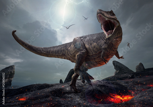 3D rendering of the king of dinosaurs, Tyrannosaurus Rex, in a harsh prehistoric world. © Herschel Hoffmeyer