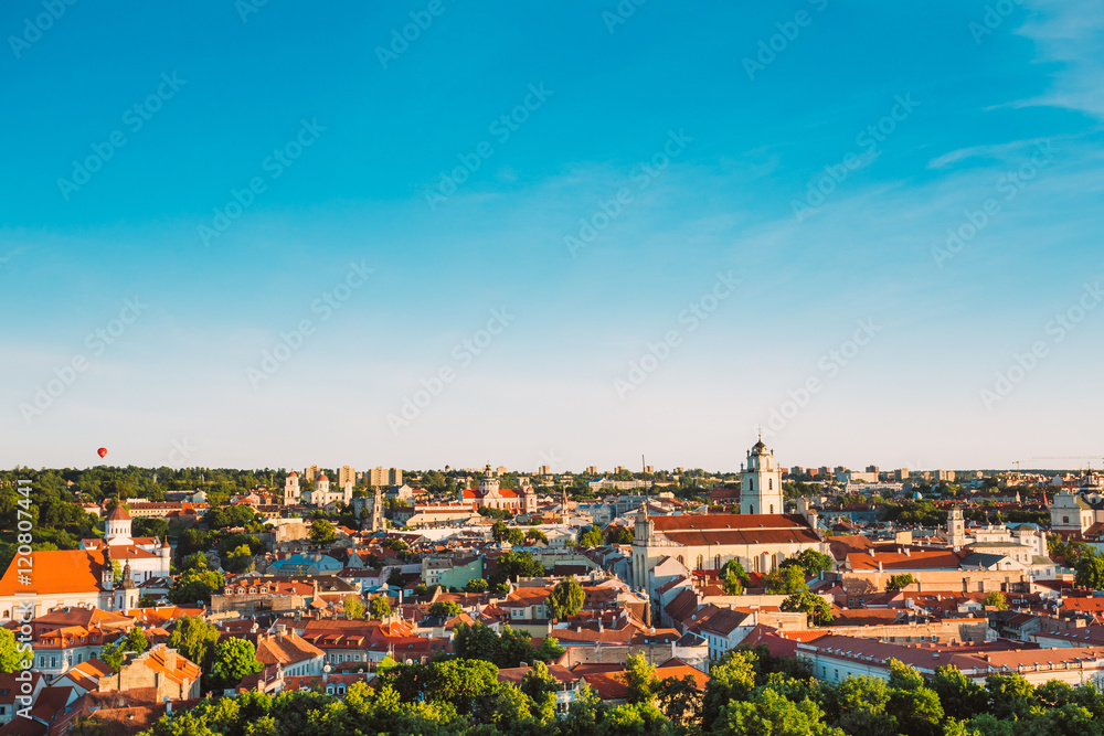 Sunset Sunrise Cityscape Of Vilnius, Lithuania In Summer. Beautiful Panoramic View