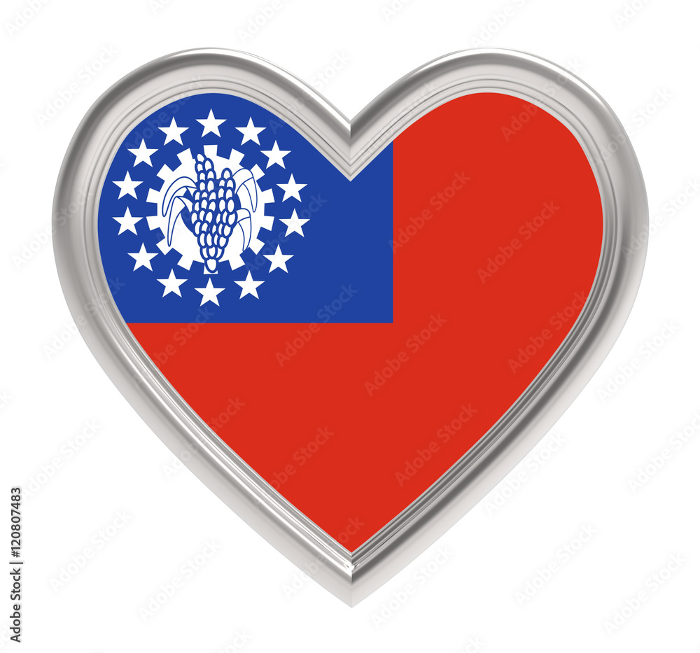Myanmar flag in silver heart isolated on white background. 3D illustration.