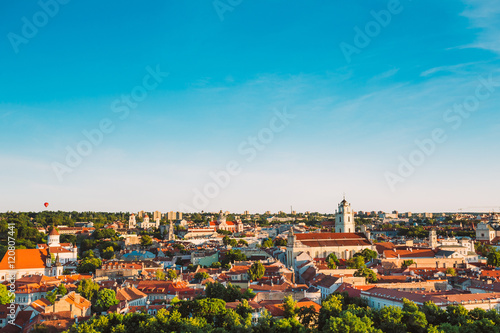 Sunset Sunrise Cityscape Of Vilnius, Lithuania In Summer. Beautiful Panoramic View