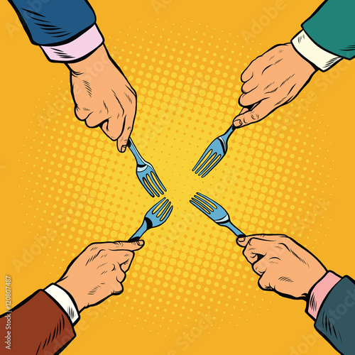 Hands with fork divide something