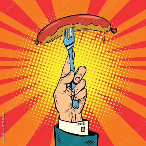 Sausage on a fork, street food