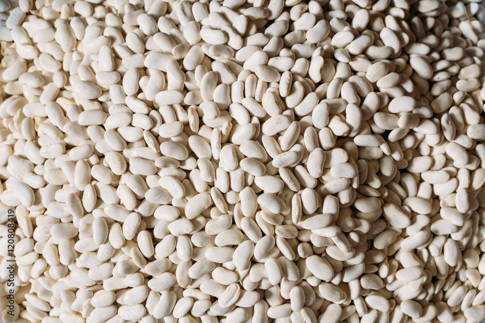 Close Heap Of White Clean Dry Beans Or Haricot Beans, Smooth,