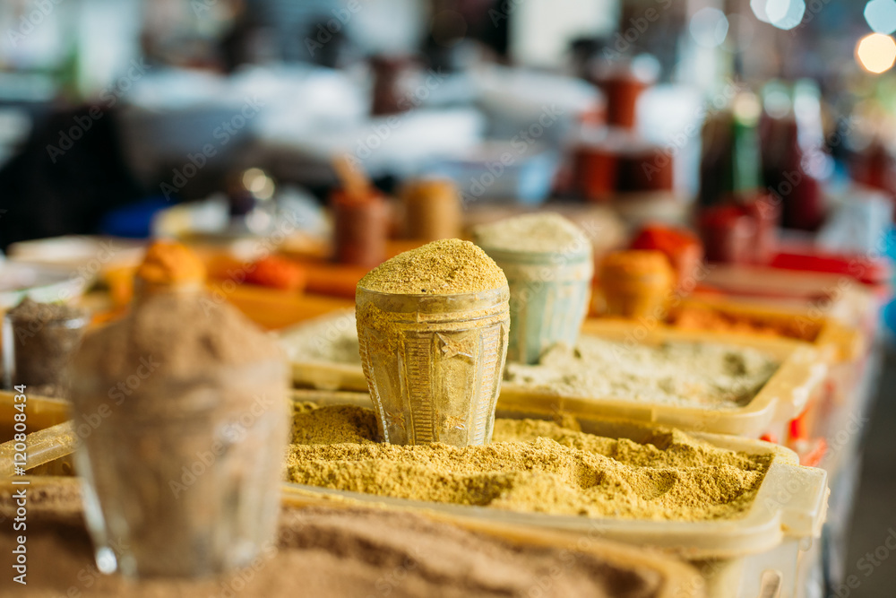 Wide Range Of Multicolored Powdered Fragrant Spices At Showcase 