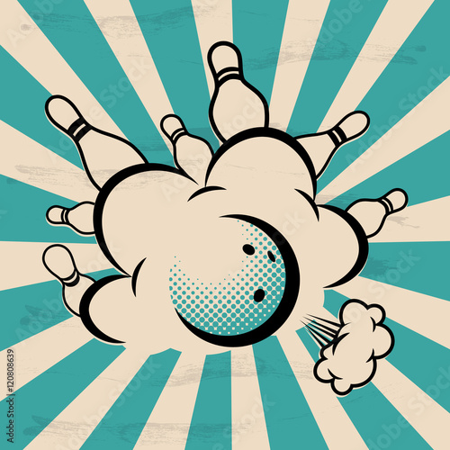 Vector pop art bowling illustration on a vintage background. Strike.