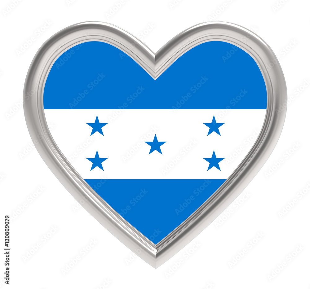 Honduras flag in silver heart isolated on white background. 3D illustration. Honduras flag in silver heart isolated on white background. 3D illustration.
