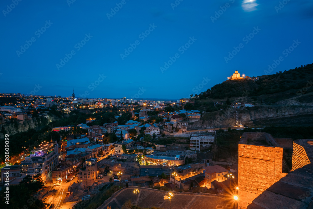 Top View Of Illuminated Tbilisi, Tabor Monastery Of Transfiguration