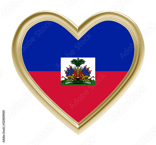 Haiti flag in golden heart isolated on white background. 3D illustration.