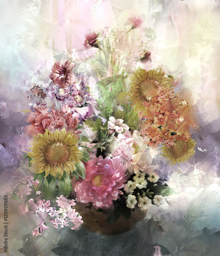 Bouquet of multicolored flowers watercolor painting style - obrazy, fototapety, plakaty 