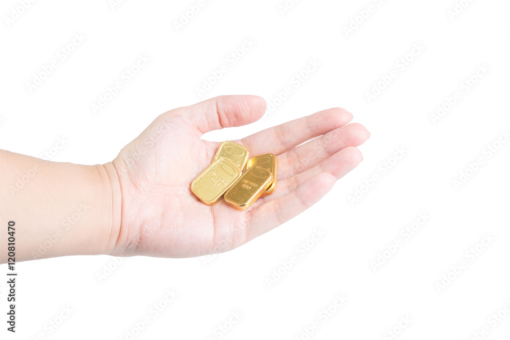 Fototapeta premium The chocolate gold coin in hand on white background, clipping path