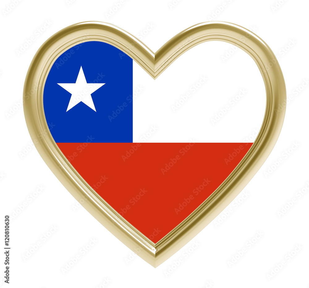 Chile flag in golden heart isolated on white background. 3D illustration. Chile flag in golden heart isolated on white background. 3D illustration.