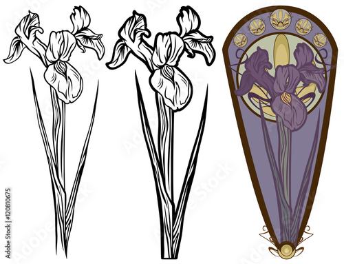 Fototapeta Naklejka Na Ścianę i Meble -  iris  flower art nouveau style design set