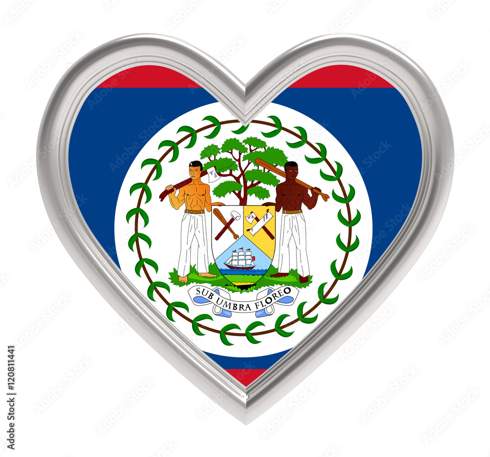 Belize flag in silver heart isolated on white background. 3D illustration. Belize flag in silver heart isolated on white background. 3D illustration.