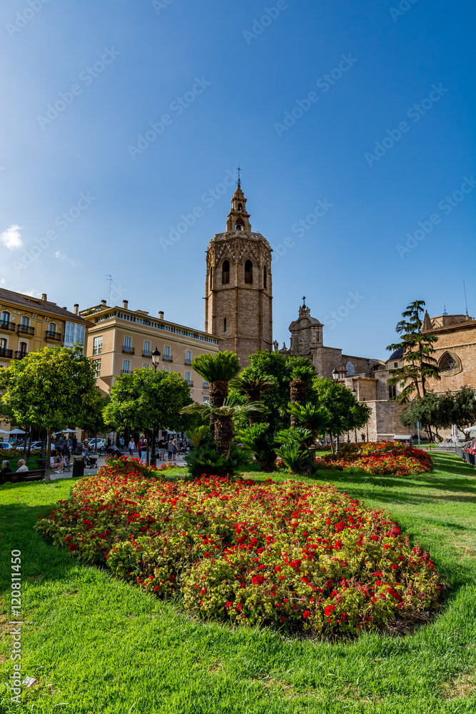 View of the cathedral in Valencia (Saint Mary's Cathedral) on a beautiful day with flower pattern in front of it, it is believed that Holy Grail is kept in it