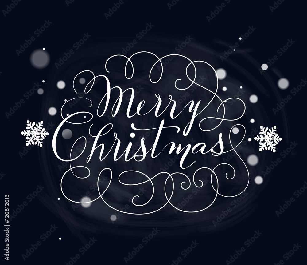Flourish Lettering based on a Nib Calligraphy with snowflakes on a backround. Merry Christmas. Vector.