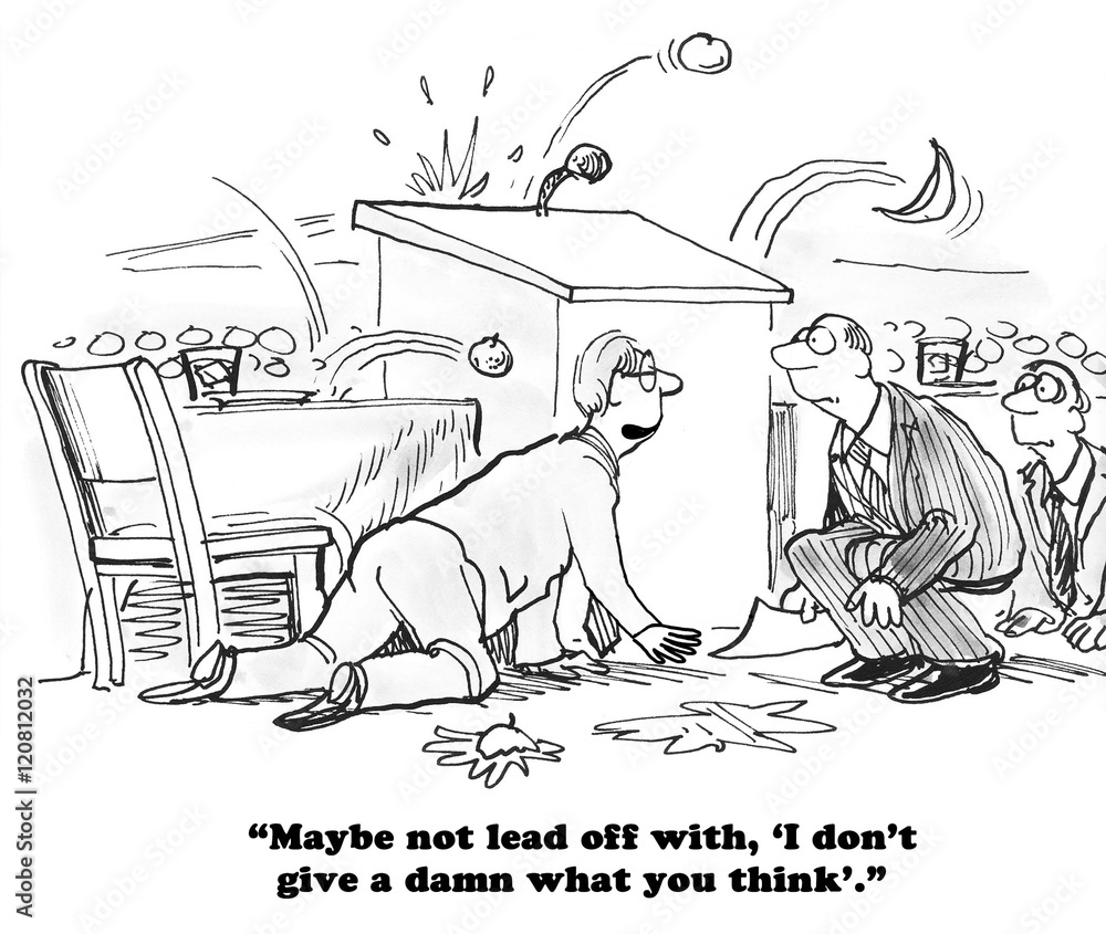 Εκτύπωση καμβά B&W business cartoon of two businessmen or politicians crouching behind the podium as rotten fruit is thrown at them