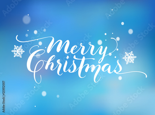 Flourish Lettering based on a Nib Calligraphy. Blue background with snowflakes. Merry Christmas. Vector.