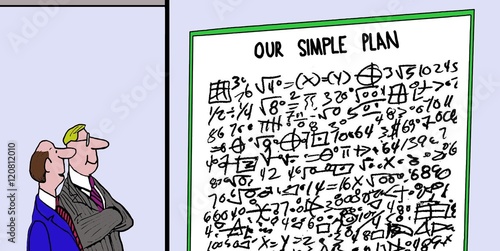 Schilderij op canvas Color business cartoon showing two businessmen looking at very complex equations that amounts to 'our simple plan'