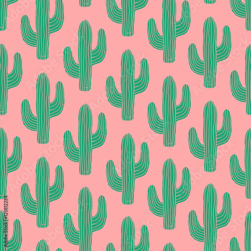 Seamless pattern with cactus in green on pink background. 