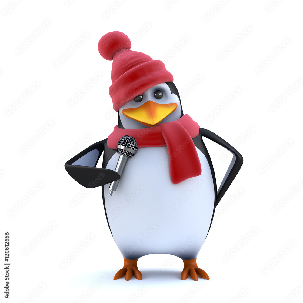 Obraz premium 3d Winter penguin sings into the microphone
