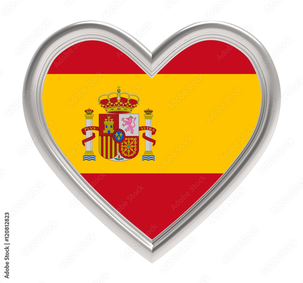 Spain, Spanish flag in silver heart isolated on white background. 3D illustration. Spain, Spanish flag in silver heart isolated on white background. 3D illustration.