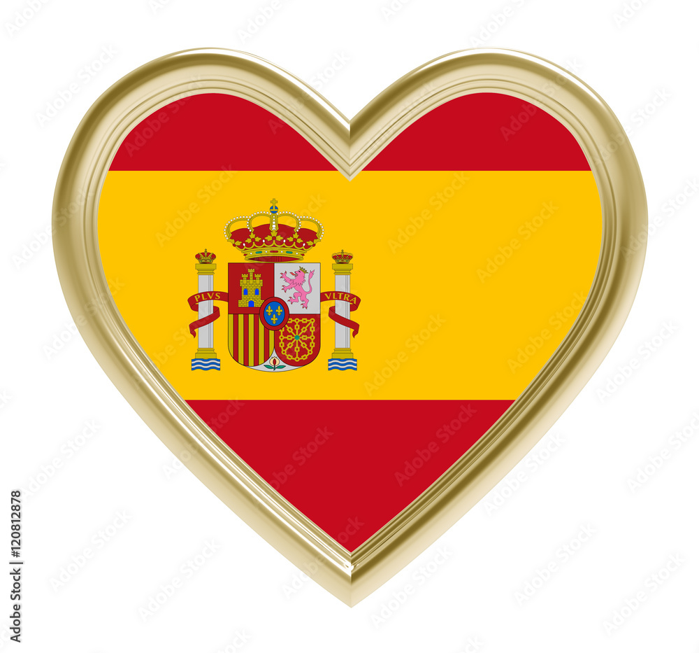 Spanish flag in golden heart isolated on white background. 3D illustration. Spanish flag in golden heart isolated on white background. 3D illustration.